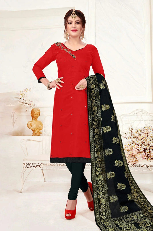 Red Unstitched Slub Cotton Churidar Suit NCUS11610192
