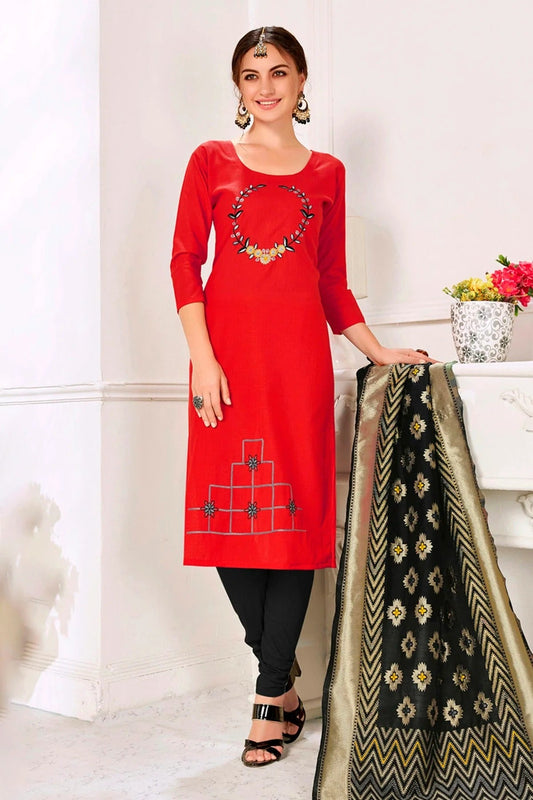 Red Unstitched Slub Cotton Churidar Suit NCUS11610217
