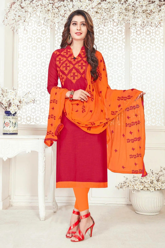 Red Unstitched South Cotton Slub Straight Suit NCUS11610243