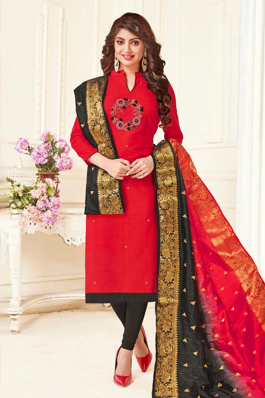 Red Unstitched South Slub Cotton Straight Suit NCUS11610230