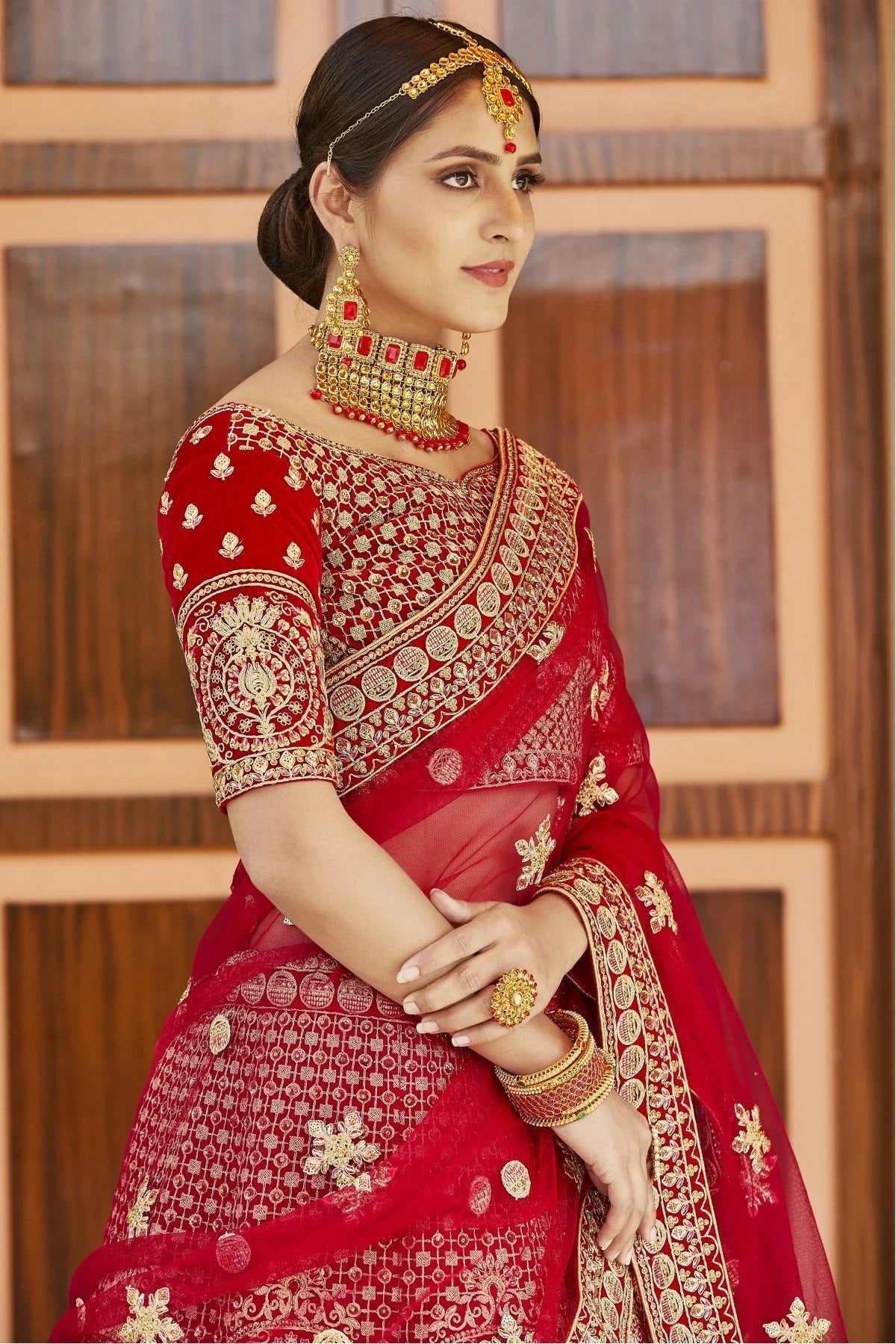 Red Velvet Hand Bridal Lehenga Choli NCLC10810466