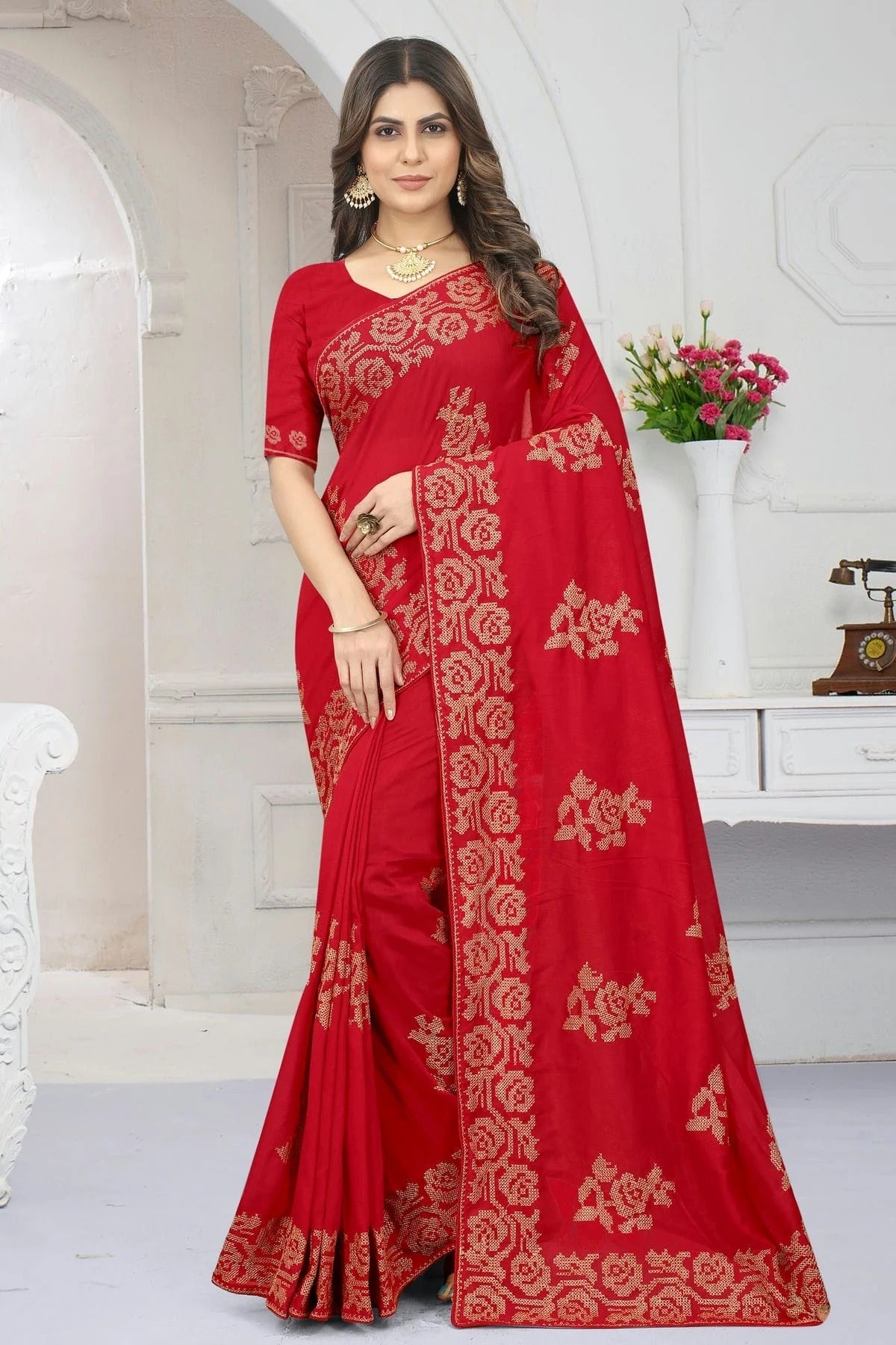 Red Vichitra Silk Designer Saree NCLC11210434