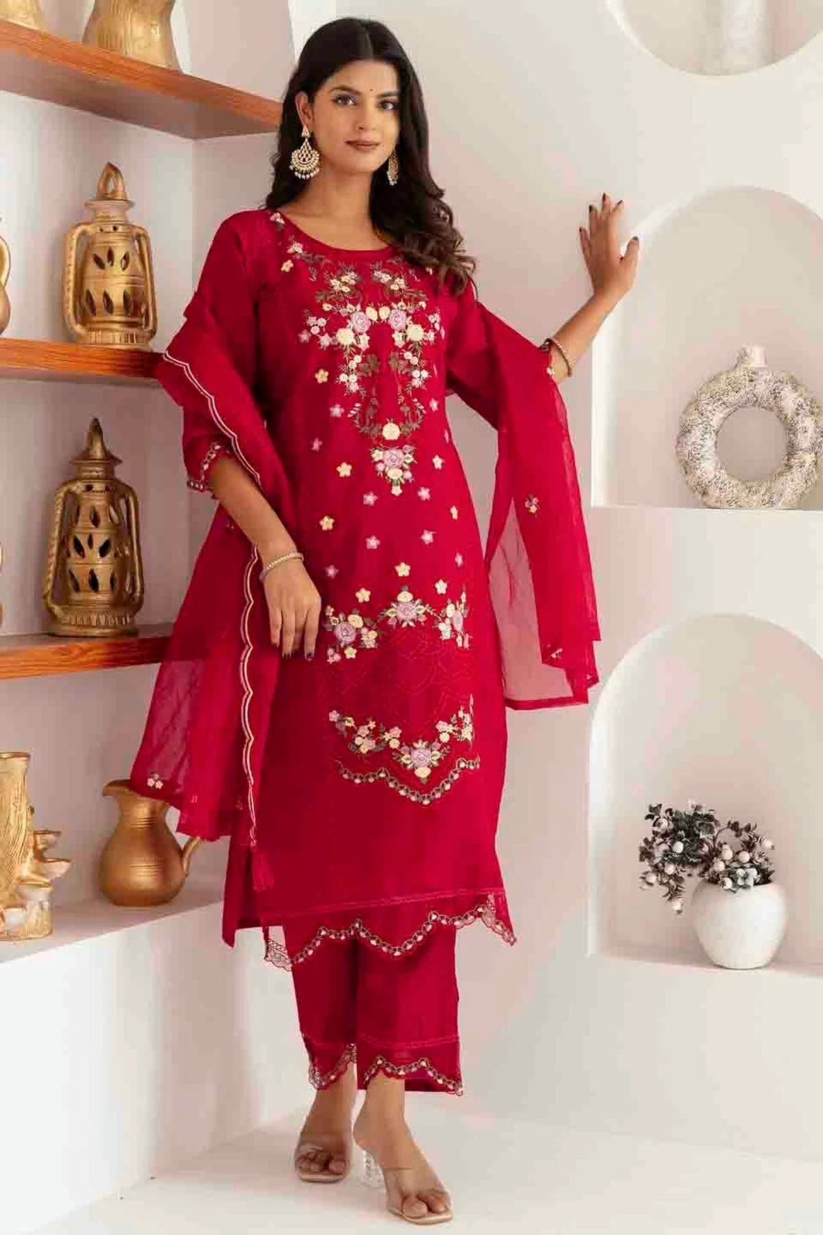 Red Viscose Silk Embroidery Pant Style Suit NCSS11110387