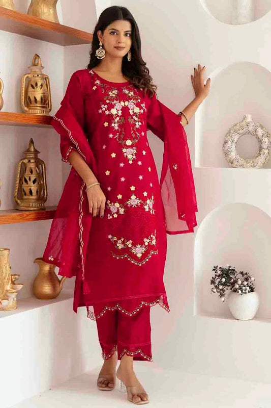 Red Viscose Silk Embroidery Pant Style Suit NCSS11110387