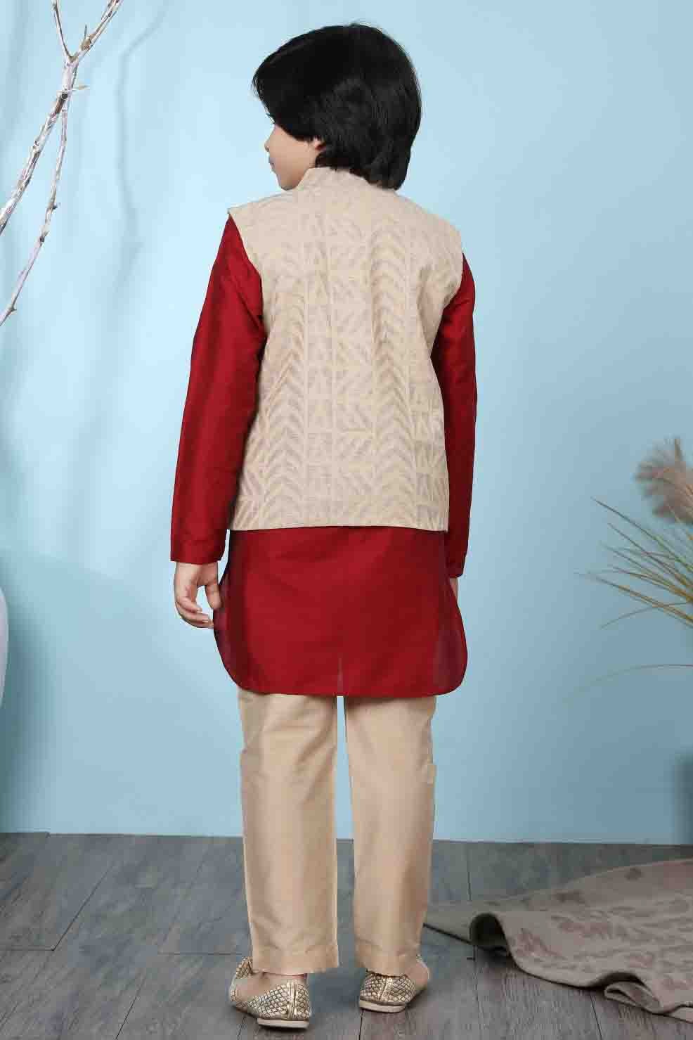 Red and Beige Cotton Silk Kurta PajamaWith Jacket  NCBW10710709