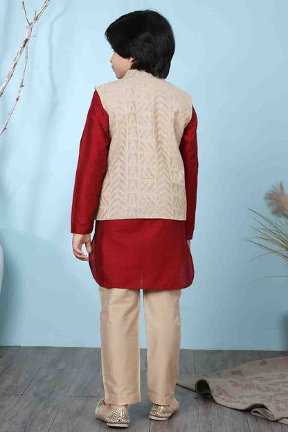Red and Beige Cotton Silk Kurta PajamaWith Jacket  NCBW10710709