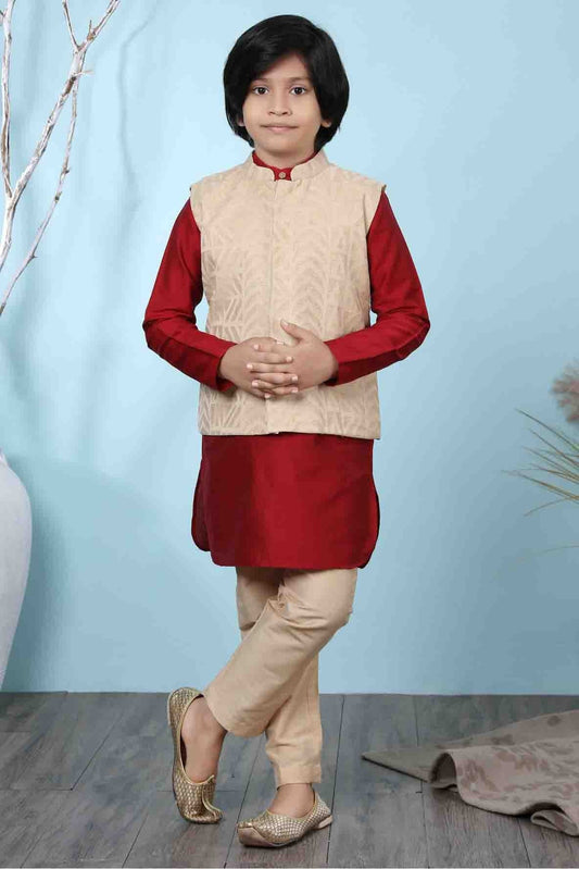 Red and Beige Cotton Silk Kurta PajamaWith Jacket NCBW10710709