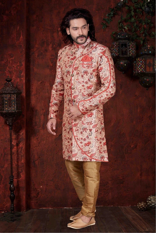 Red and Cream Kurta Pajama In Silk NCKP10410583