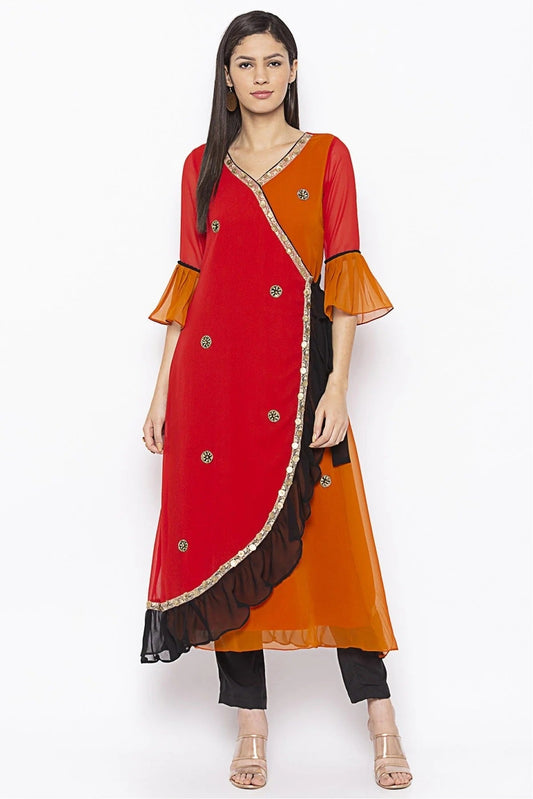 Red and Mustard Plus Size Georgette Embroidery Kurti NCKR10710382