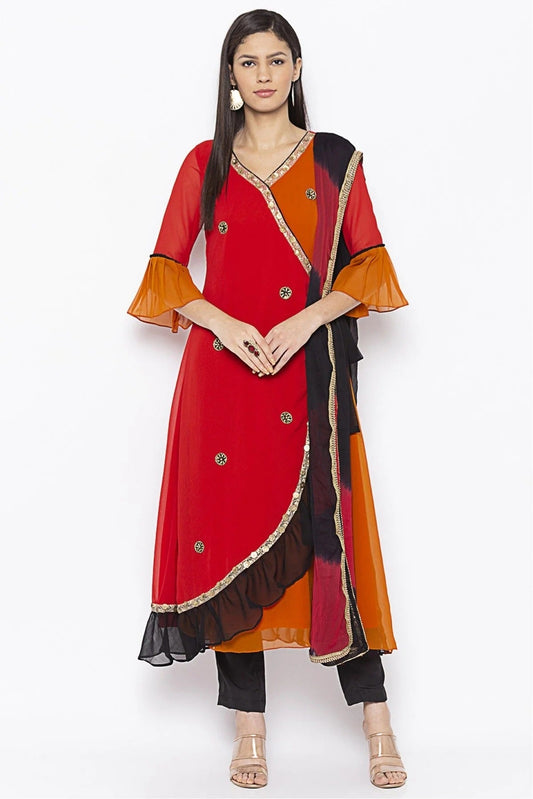 Red and Mustard Plus Size Georgette Embroidery Pant Style Suit NCSS10710628