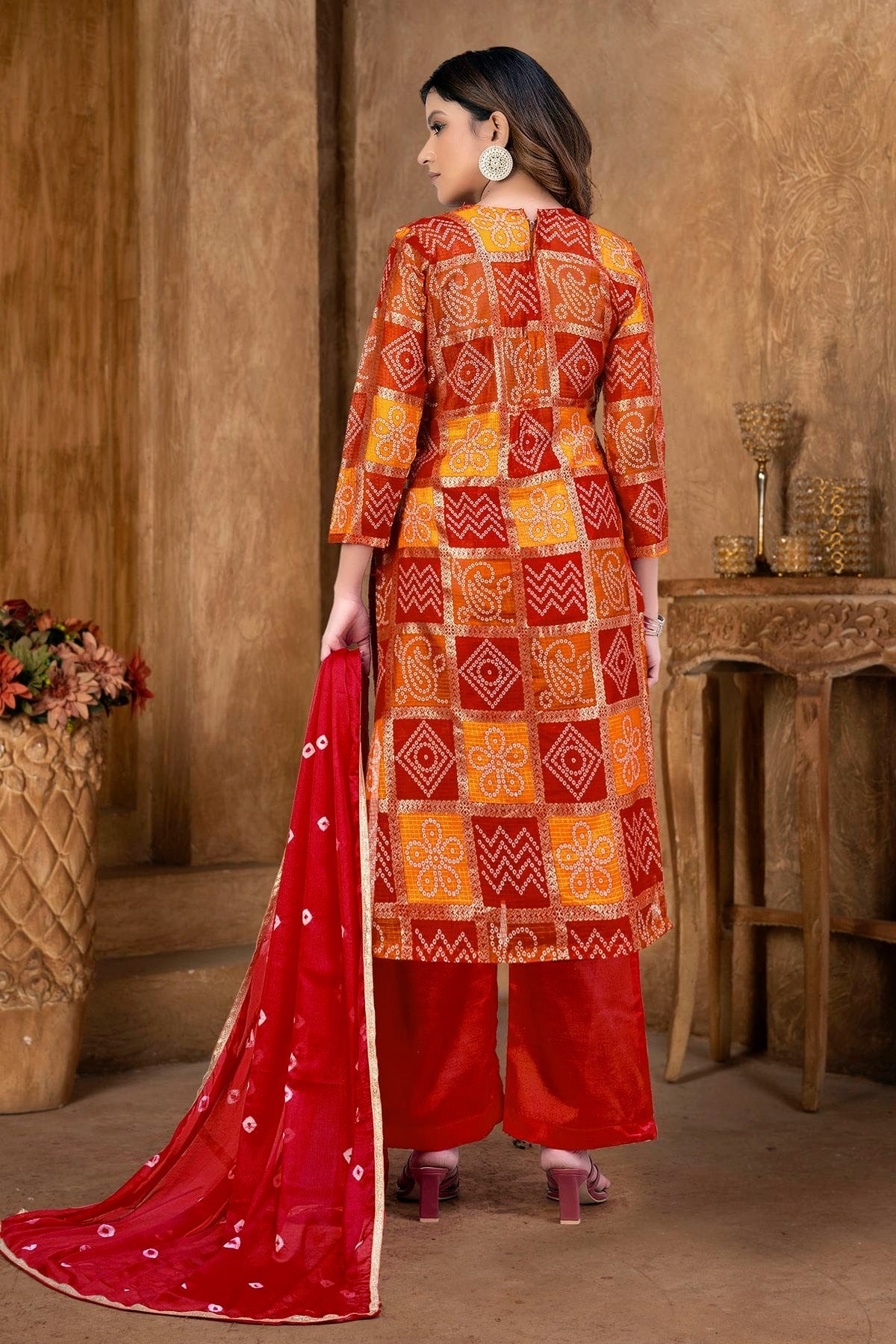 Red and Orange Unstitched Cotton Plazzo Pant Suit NCUS11610396