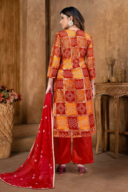 Red and Orange Unstitched Cotton Plazzo Pant Suit NCUS11610396