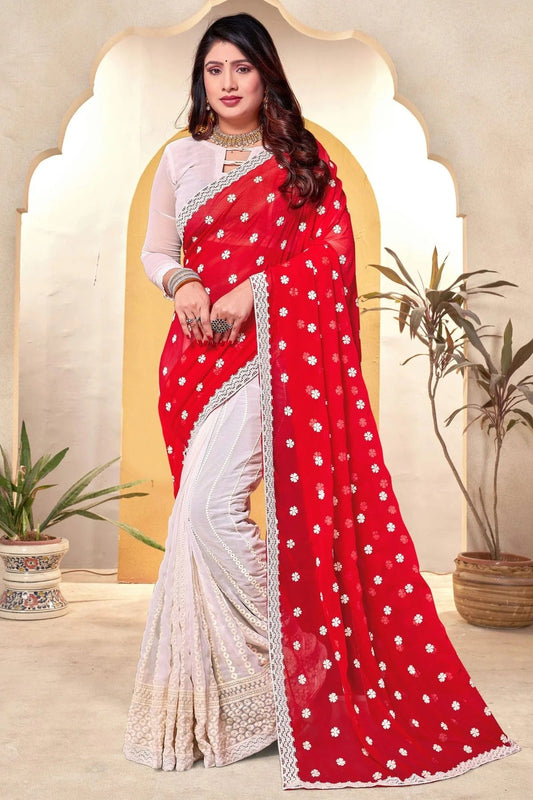 Red and White Georgette Half N Half Saree NCSD10910226