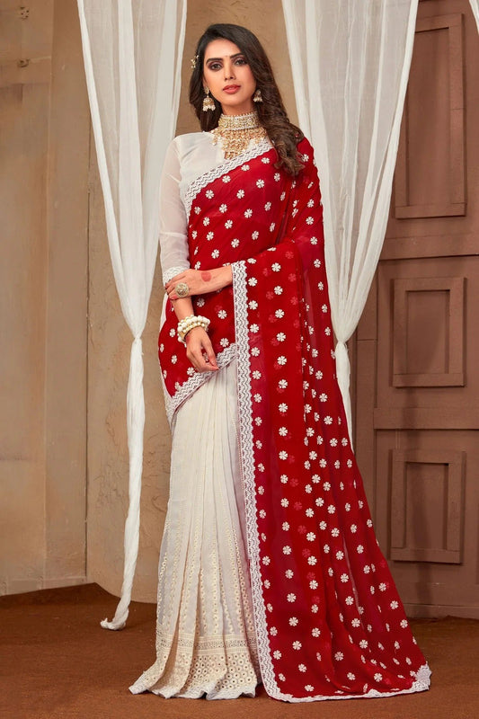 Red and White Georgette Saree NCSD10910309