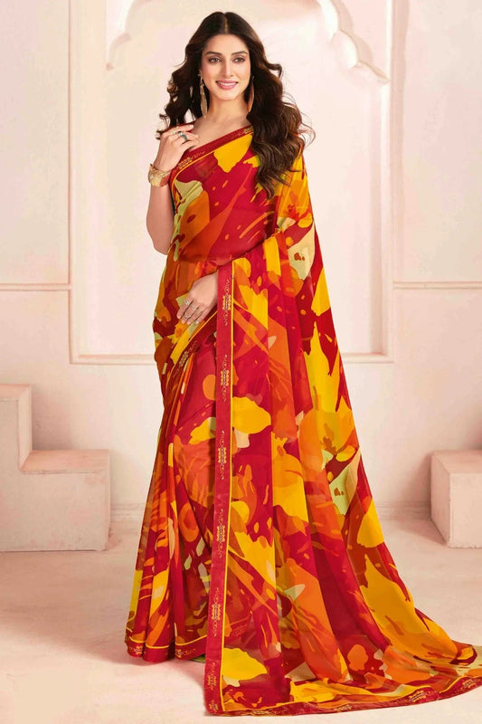 Red and Yellow Georgette Digital Printed Printed Saree NCSD11110406