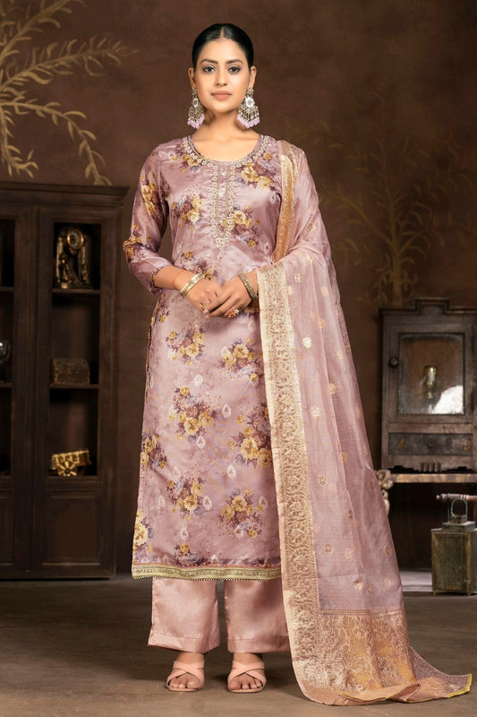 Rose Gold Unstitched Organza Pant Style Suit NCUS11610172