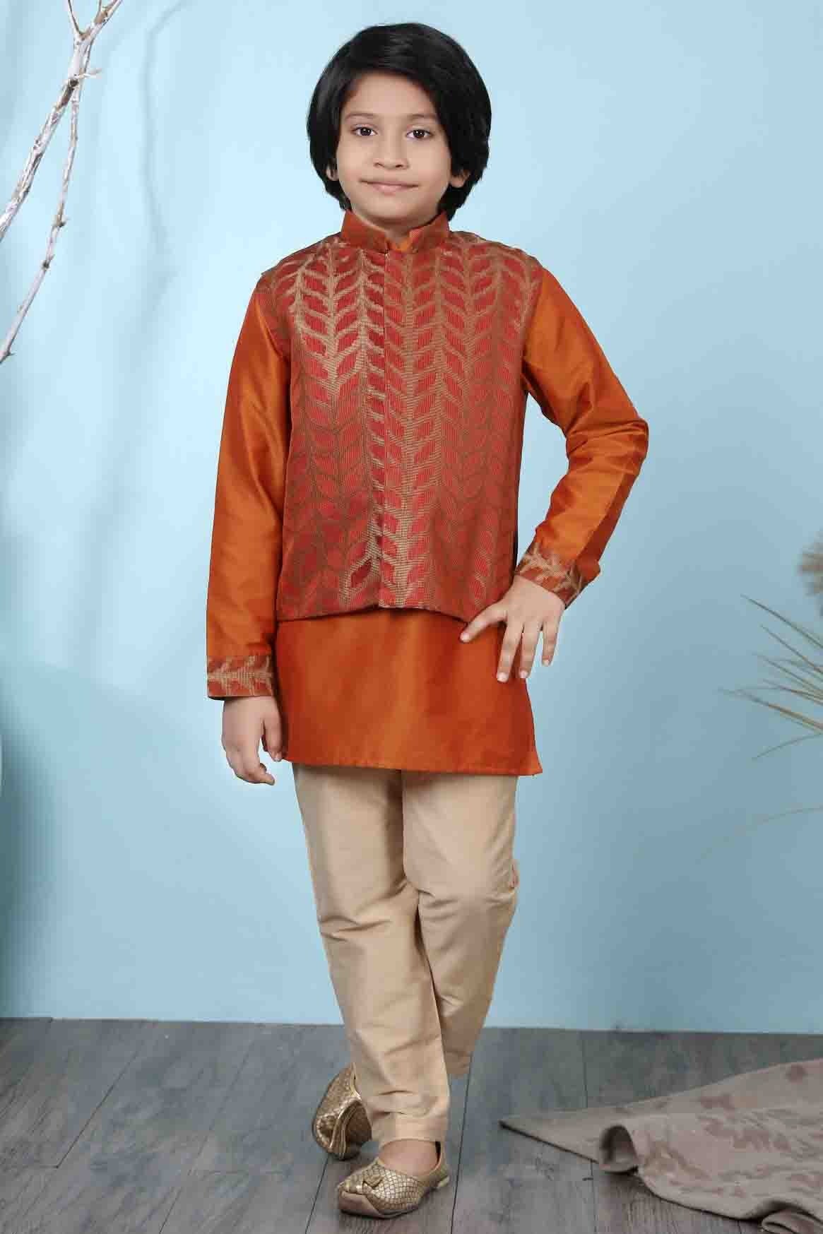 Rust Cotton Silk Kurta PajamaWith Jacket NCBW10710704