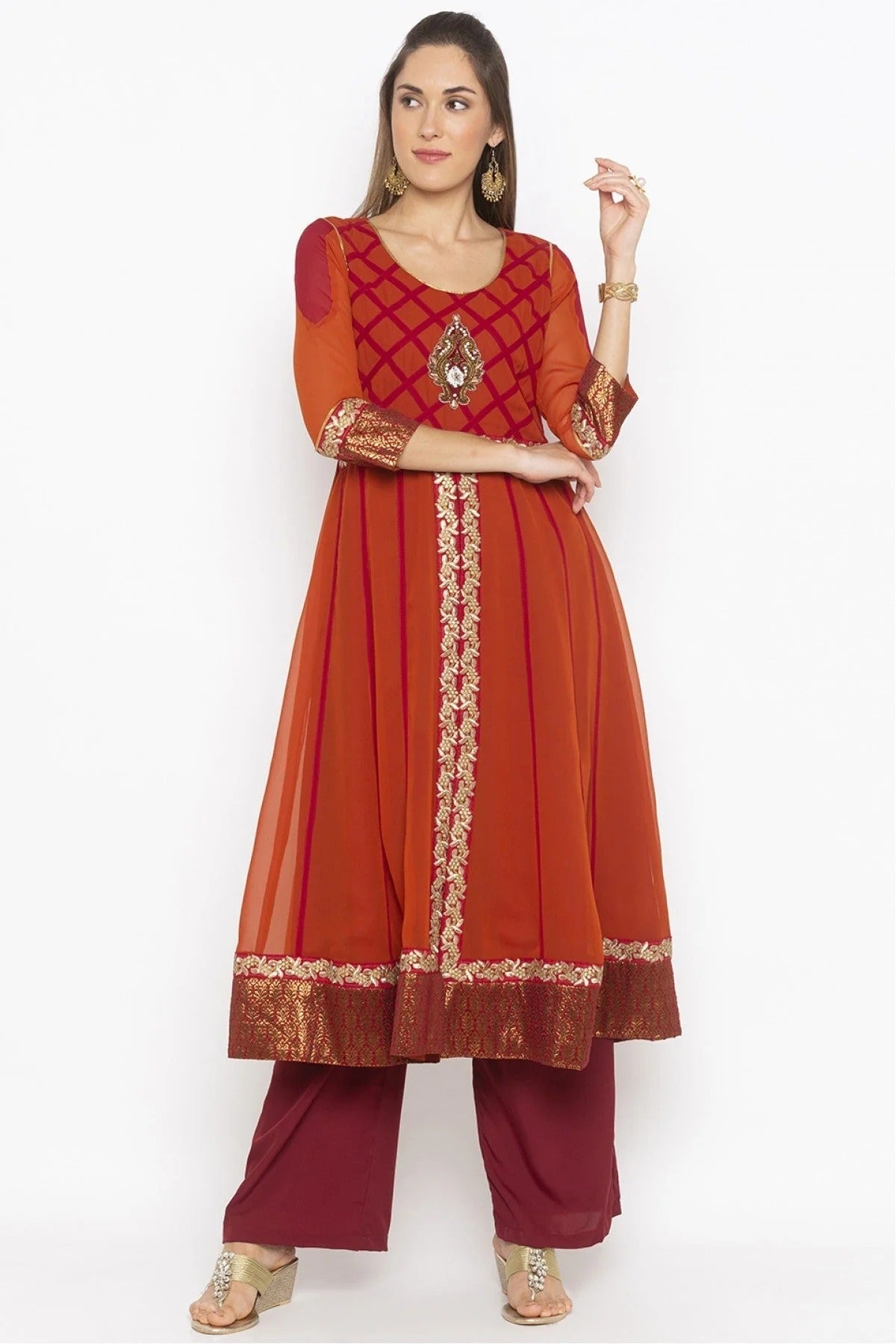 Rust Plus Size Georgette Embroidery Kurta Set NCKR10710254