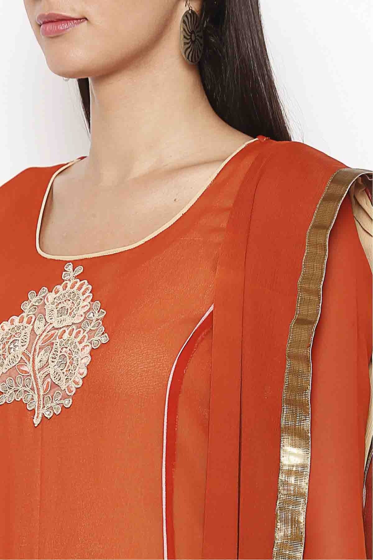 Rust Plus Size Georgette Embroidery Palazzo Pant Suit NCSS10710621