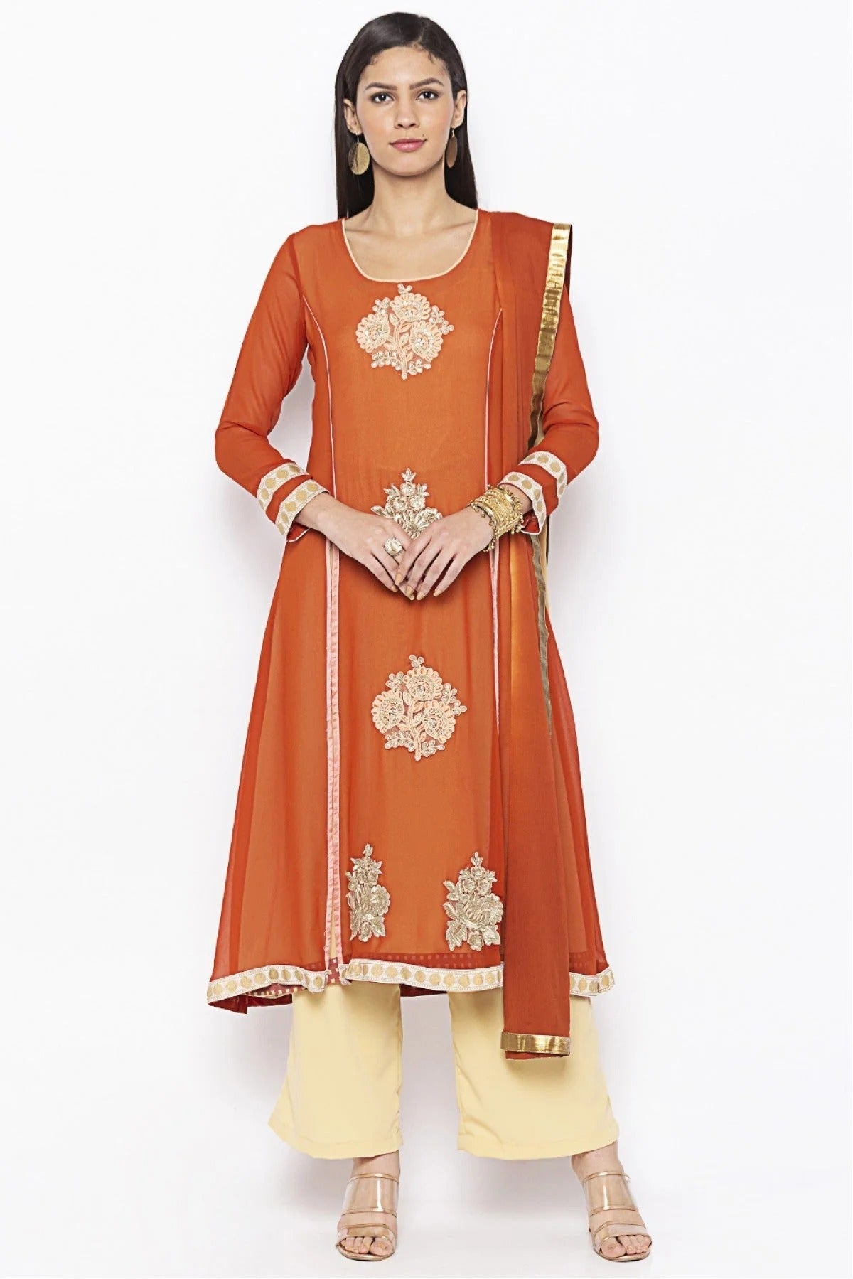 Rust Plus Size Georgette Embroidery Palazzo Pant Suit NCSS10710621