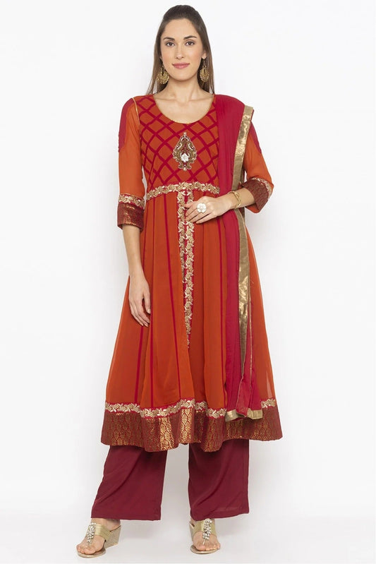 Rust Plus Size Stitched Georgette Embroidery Palazzo Pant Suit NCSS10710567