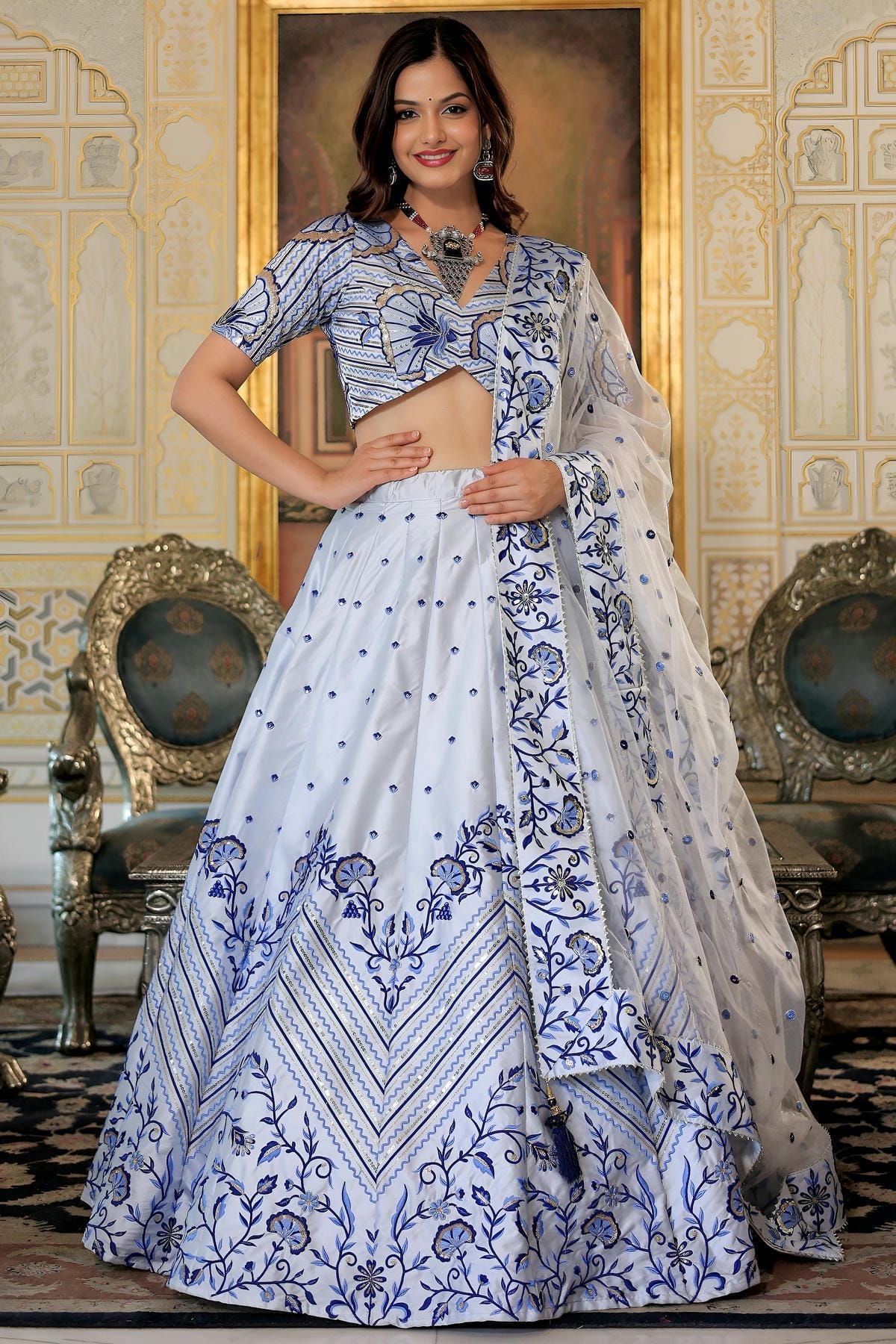 Satin Lehenga Choli In Off White Colour LC10110194