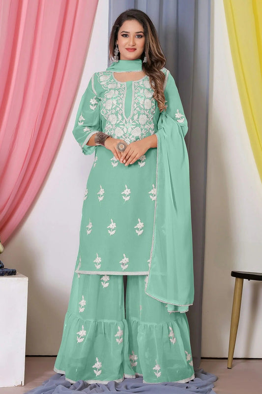 Sea Green Bamber Georgette Sharara Suit NCSM11112408