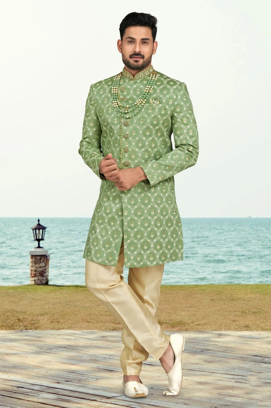 Sea Green Banarasi Silk Indo Western Sherwani NCSH10410294