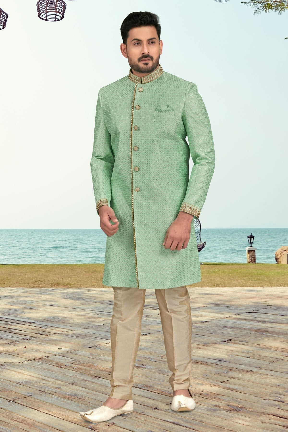 Sea Green Banarasi Silk Indo Western Sherwani NCSH10410299