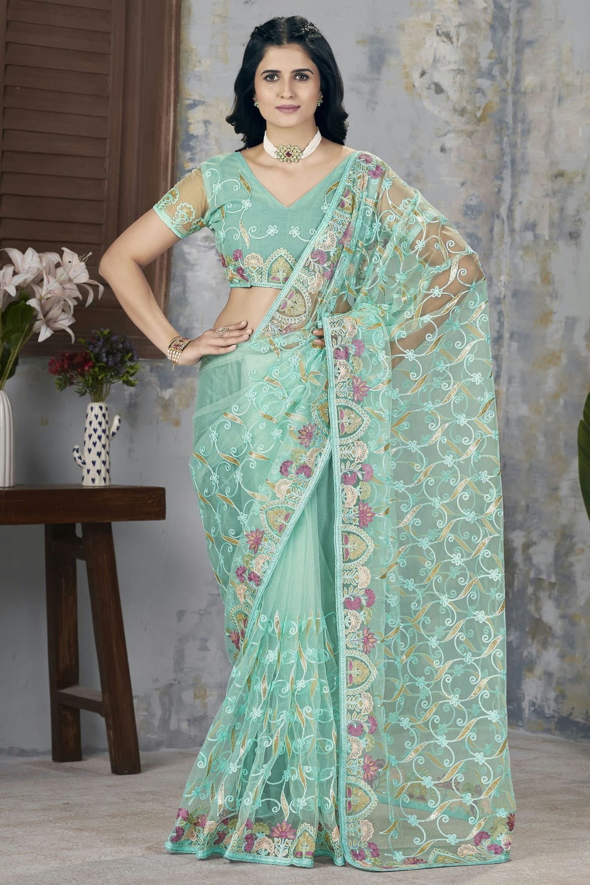 Sea Green Butterfly Net Designer Saree NCSD11111225