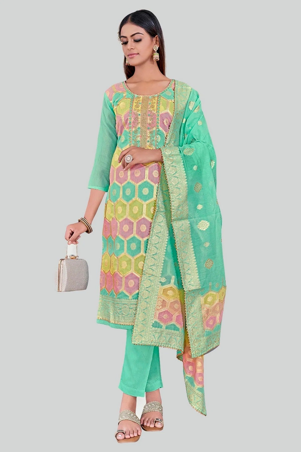 Sea Green Chanderi Silk Pant Style Suit NCSM11112378