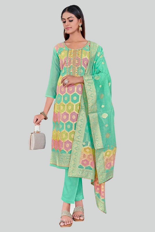 Sea Green Chanderi Silk Pant Style Suit NCSM11112378