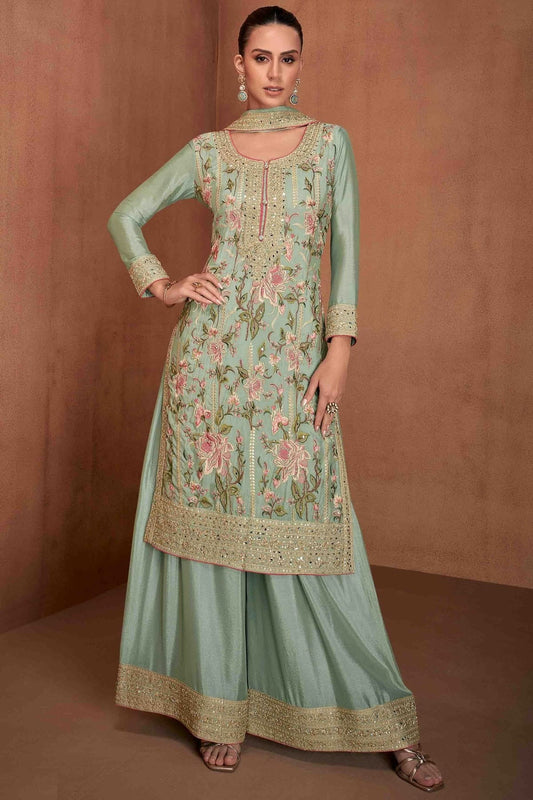 Sea Green Chinon Palazzo Pant Suit NCSM11110883