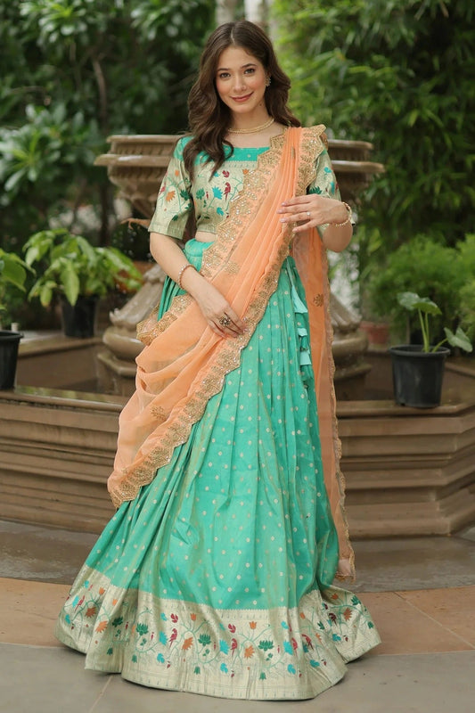 Sea Green Cosmos Jacquard Embroidery Lehenga Choli NCLC11111999