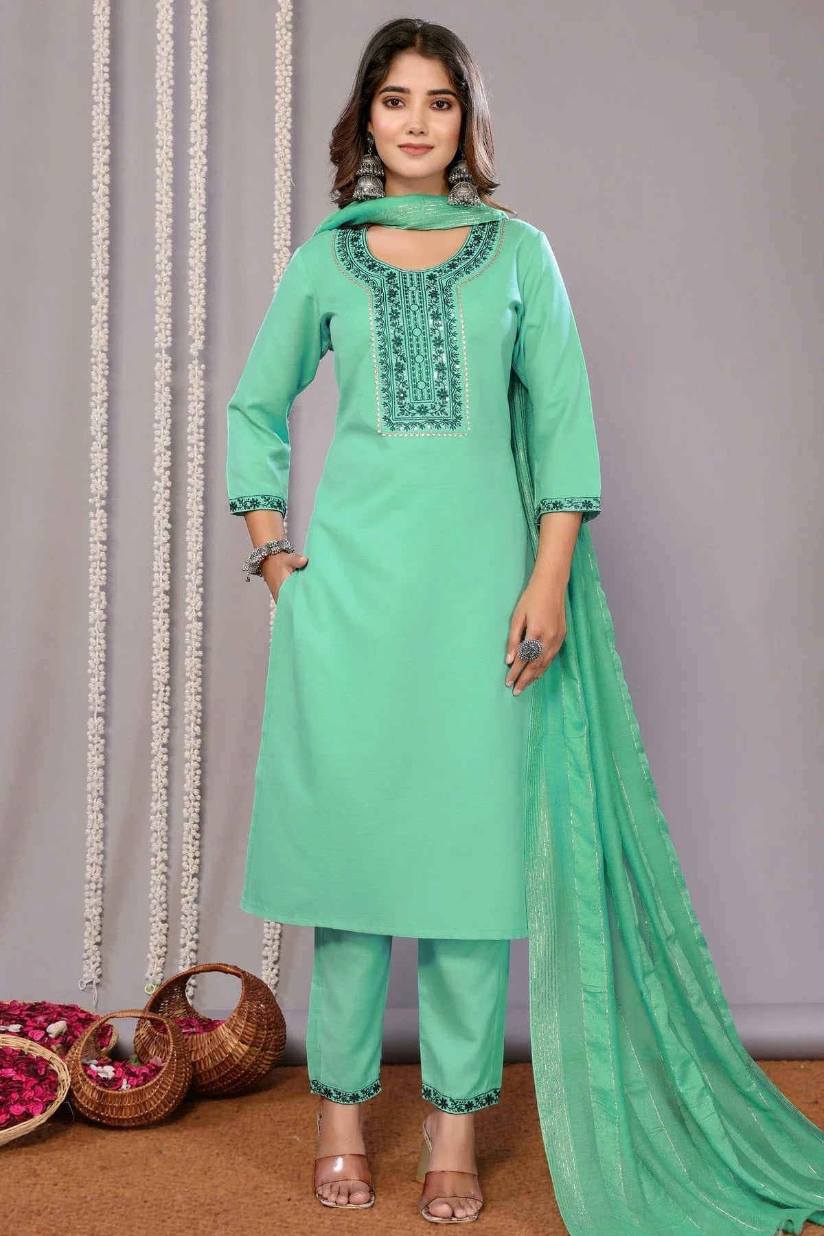 Sea Green Cotton Blend Stitched Suit NCSS11111390