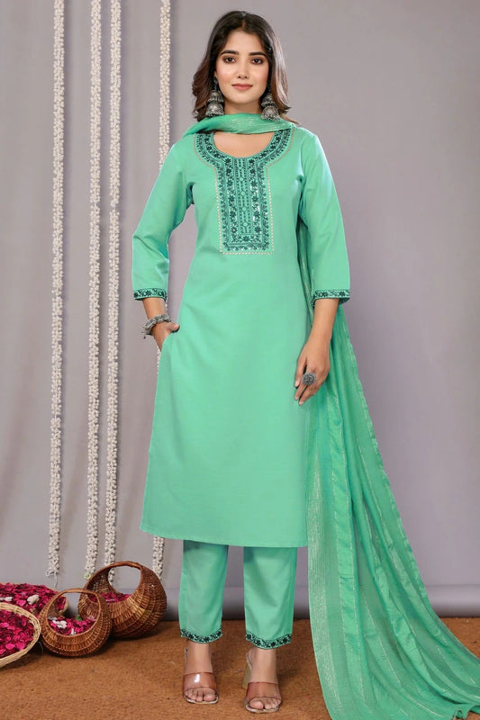 Sea Green Cotton Blend Stitched Suit NCSS11111390
