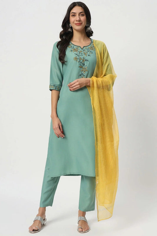 Sea Green Cotton Stitched Salwar Suit NCSS11111951
