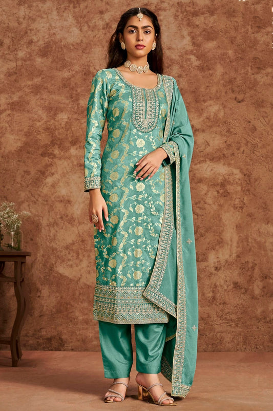 Sea Green Dolla Silk Jacquard Straight Suit NCSM10510145