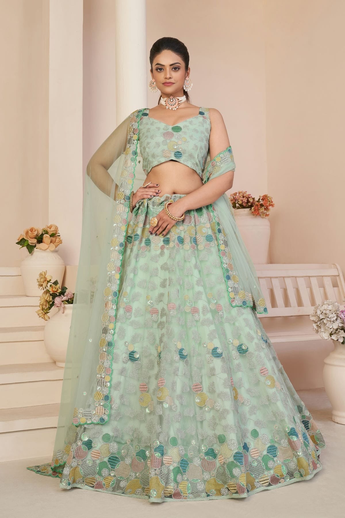 Sea Green Embroidery Net Lehenga Choli NCLD10810216