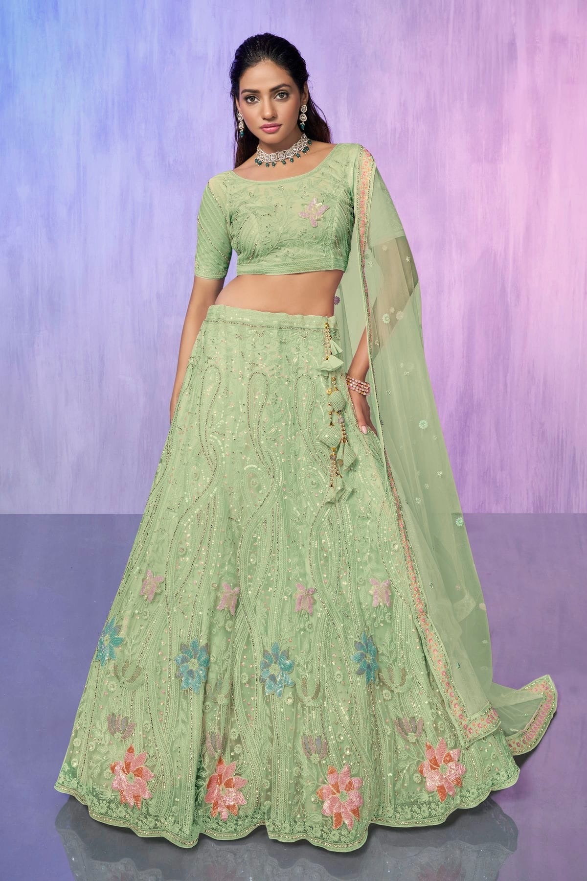 Sea Green Embroidery Net Lehenga Choli NCLD10810299