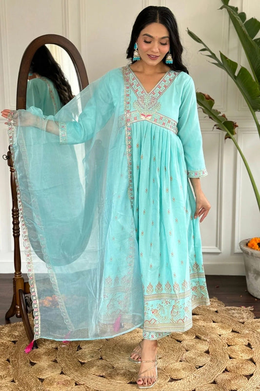 Sea Green Embroidery Rayon Slub Stitched Suit NCSS11111274
