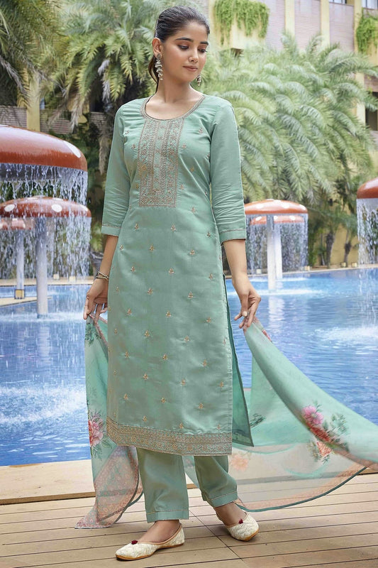 Sea Green Embroidery Viscose Chanderi Pant Style Suit NCSS11110520