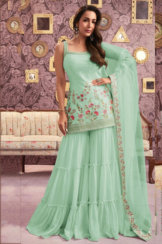 Sea Green Faux Georgette Semi Stitched Sharara Suit NCSM11410428