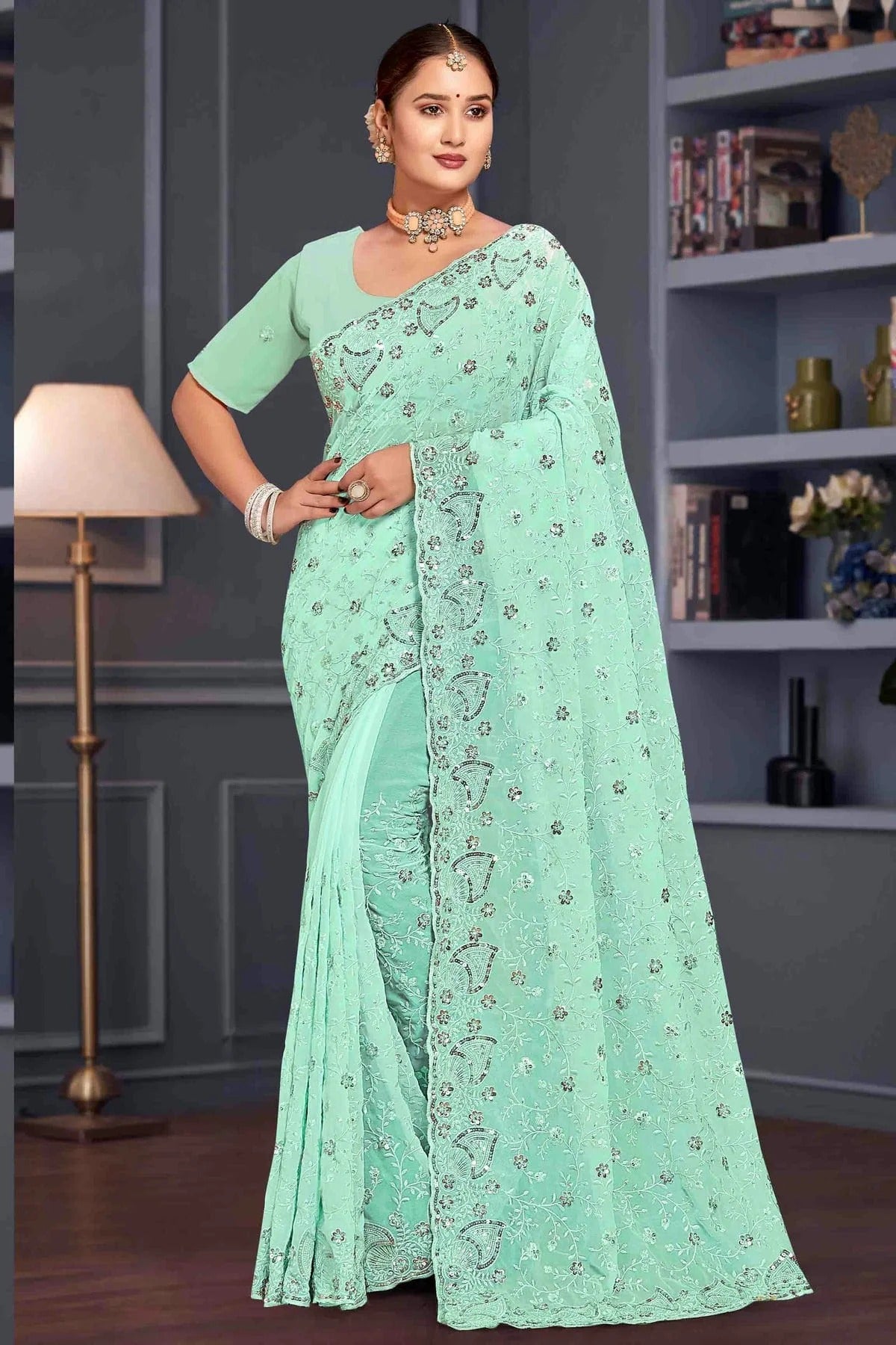 Sea Green Georgette Embroidery Designer Saree NCSD10910104