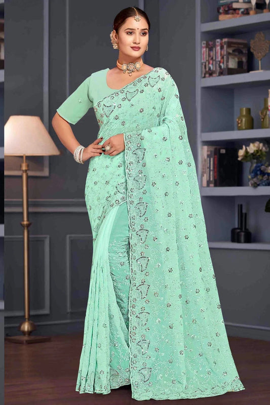 Sea Green Georgette Embroidery Designer Saree NCSD10910104