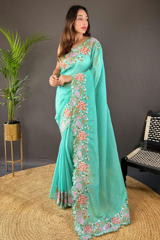Sea Green Glossy Silk Designer Saree NCSD11111670