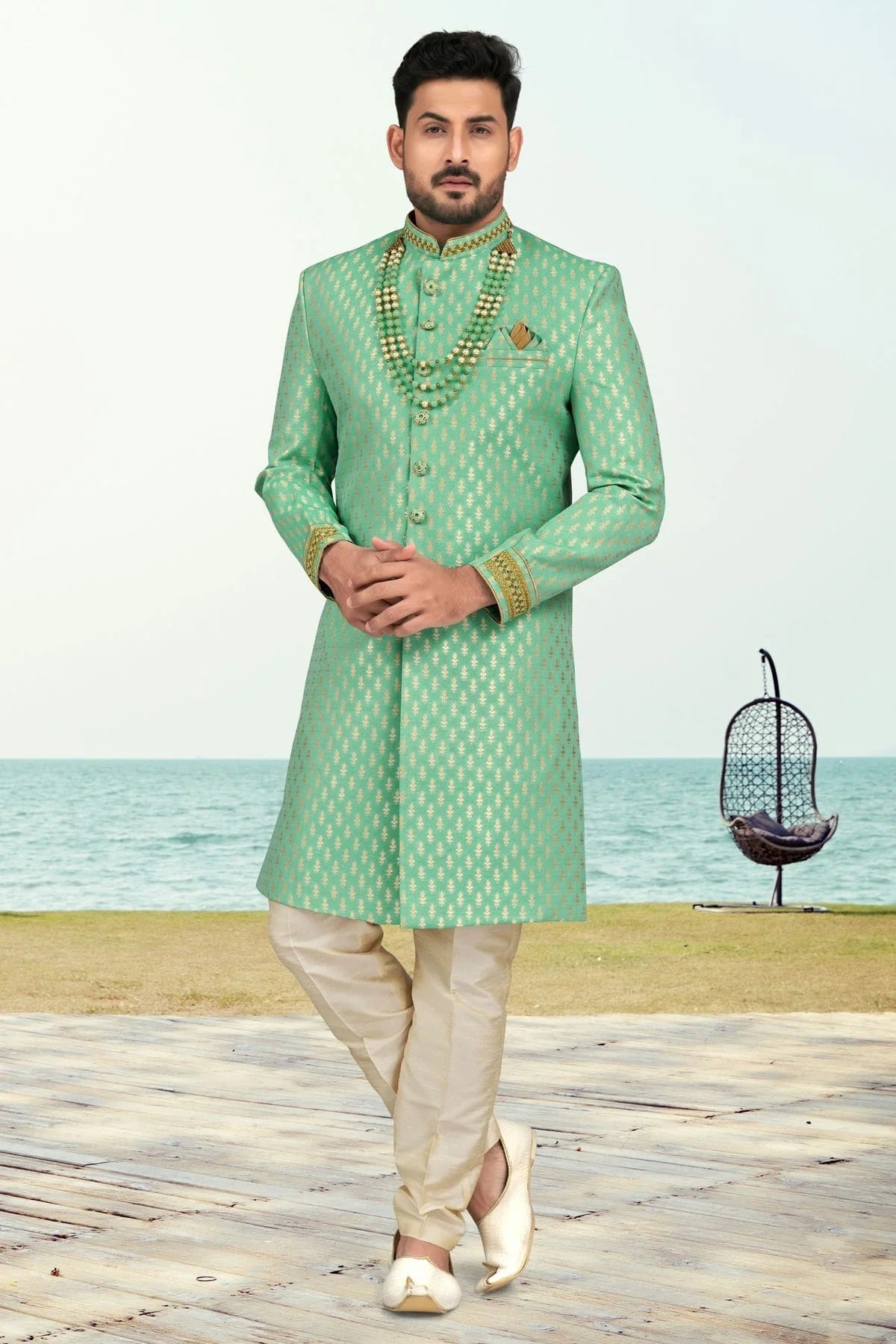 Sea Green Jacquard Indo Western Sherwani NCSH10410298