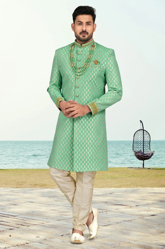 Sea Green Jacquard Indo Western Sherwani NCSH10410298