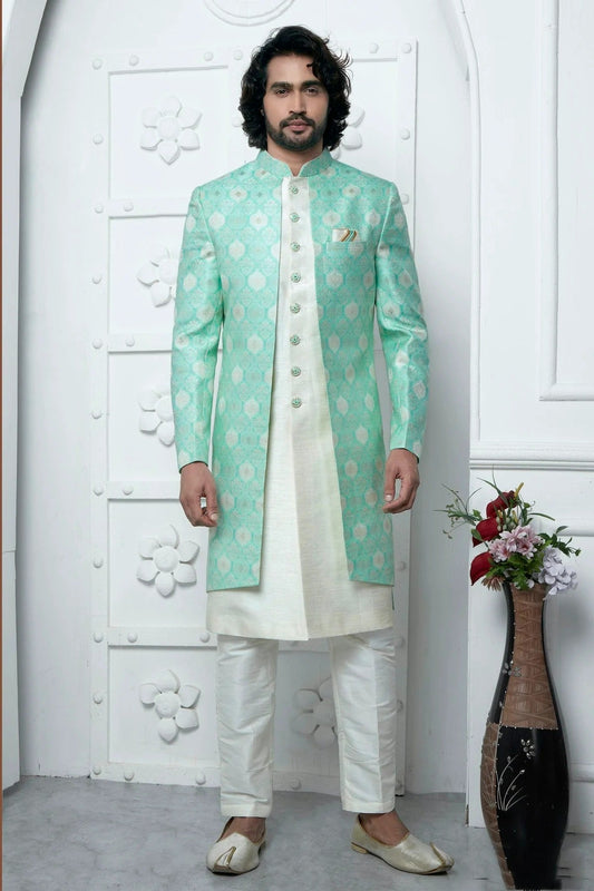 Sea Green Jacquard Silk Indowestern Sherwan With Aligadhi Pant  NCSH12310341