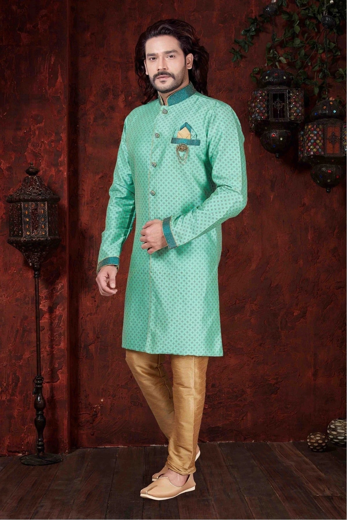Sea Green Kurta Pajama In Jarna Print NCKP10410589